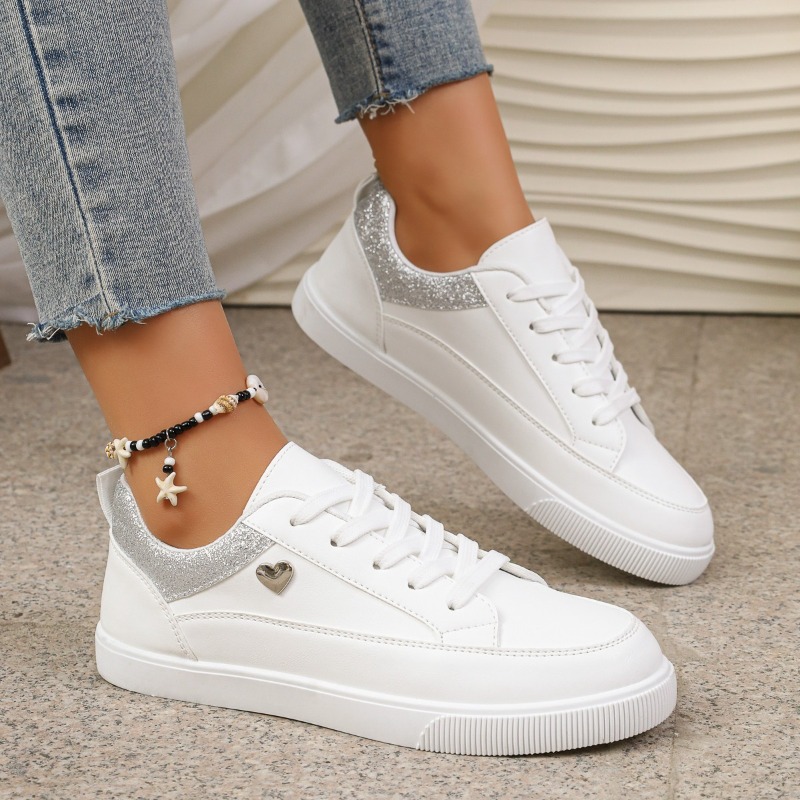 Casual Sneaker Low - 여성용 화이트 글리터 하트 스니커즈 -