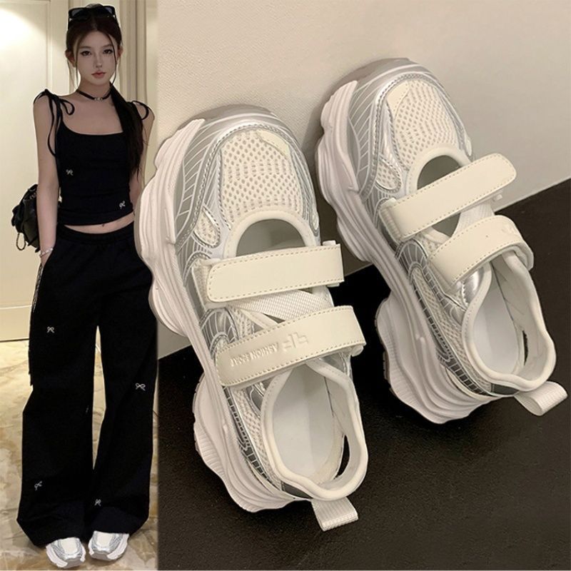 Velcro Strap Sandal - 메탈릭 실버 속이 빈 플랫폼 샌들