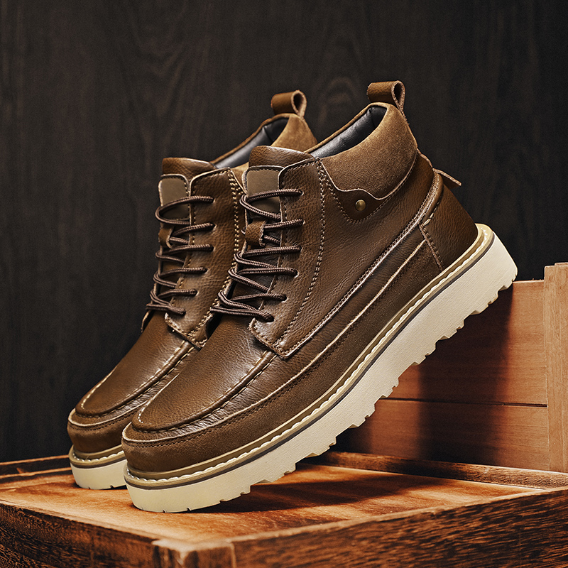 Men'S Shoes For Work - 남성용 브라운 플리스 안감 따뜻한 하이탑