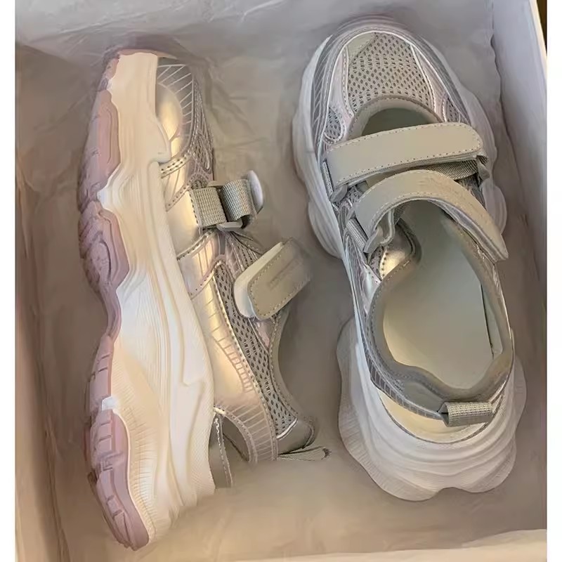 메탈릭 실버 속이 빈 플랫폼 샌들 여성용 더블 벨크로  - Velcro Strap Sandal 리뷰 및 가격